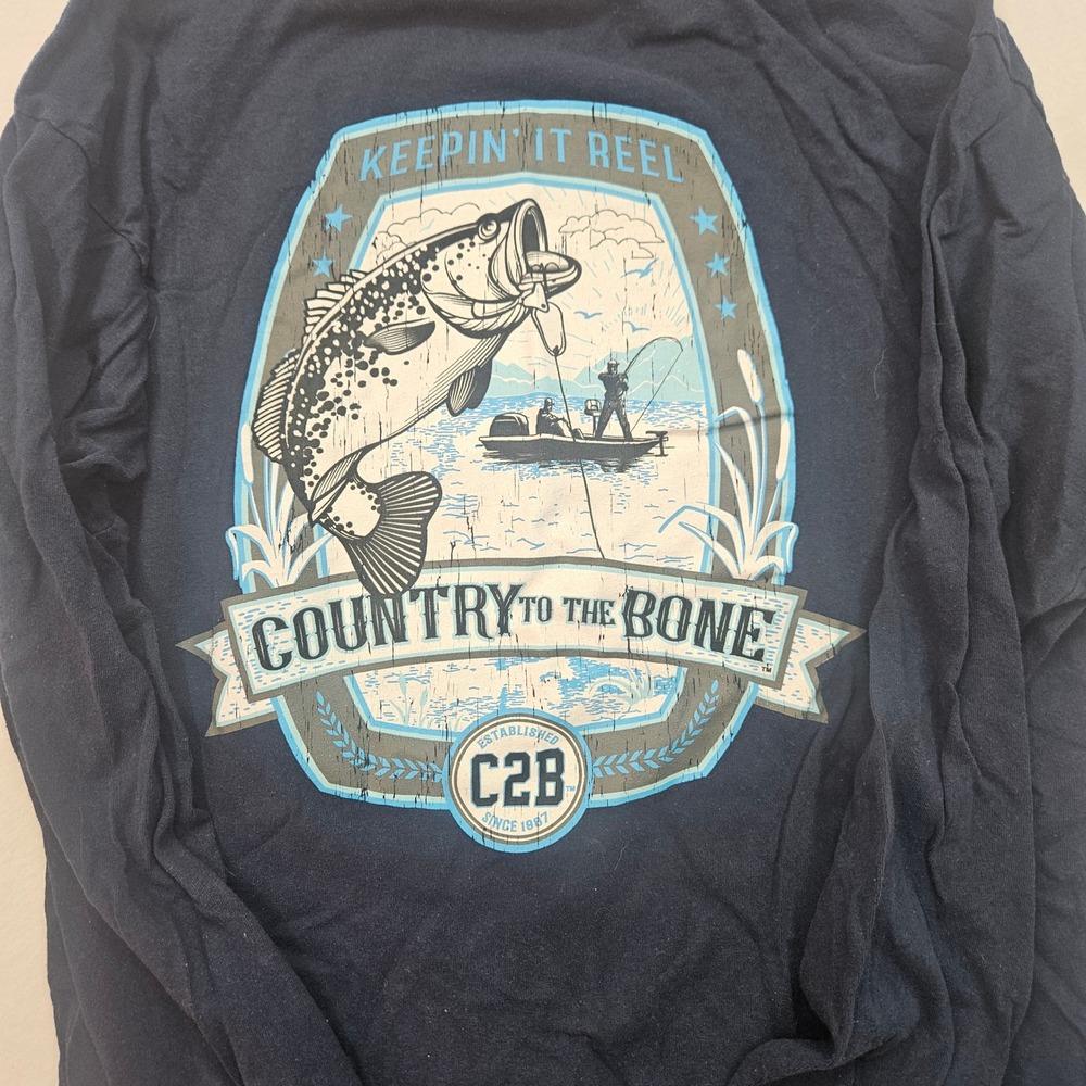 Country to the Bone Fishing Shirt Mens L Navy Blue Excellent Graphic Long Sleeve